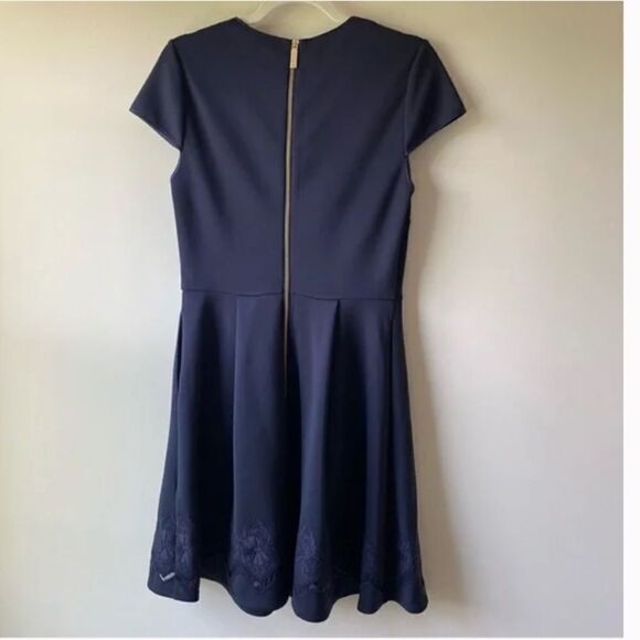 Ted Baker Cheskka Lace and Mesh Skater Dress Dark Blue Navy Floral Embroidery - Picture 7 of 16